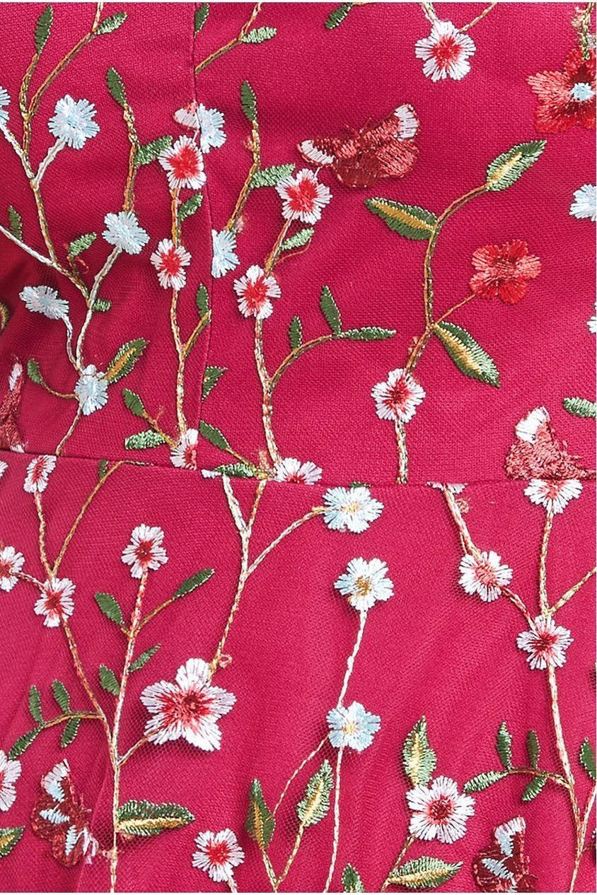 Goddiva Flutter Sleeve Floral Embroidered Maxi - Burgundy