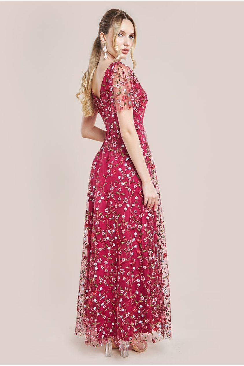 Goddiva Flutter Sleeve Floral Embroidered Maxi - Burgundy