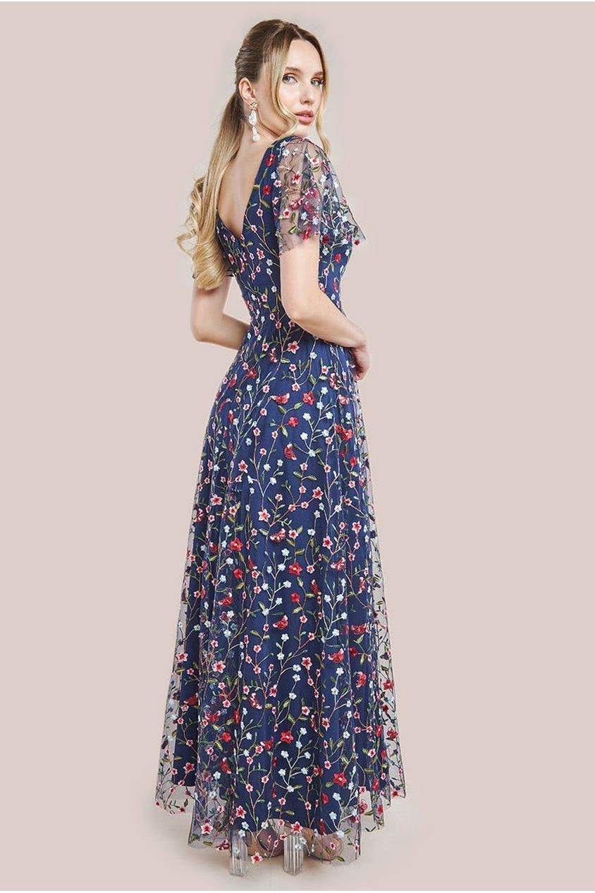 Goddiva Flutter Sleeve Floral Embroidered Maxi - Navy