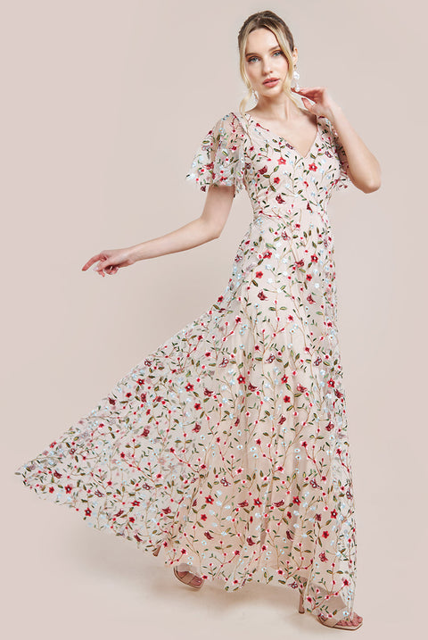 Goddiva Flutter Sleeve Floral Embroidered Maxi - Nude