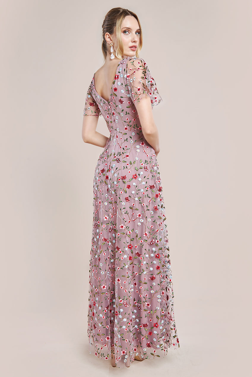 Goddiva Flutter Sleeve Floral Embroidered Maxi - Rose Pink