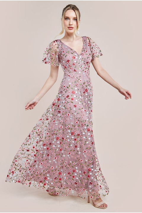 Goddiva Flutter Sleeve Floral Embroidered Maxi - Rose Pink