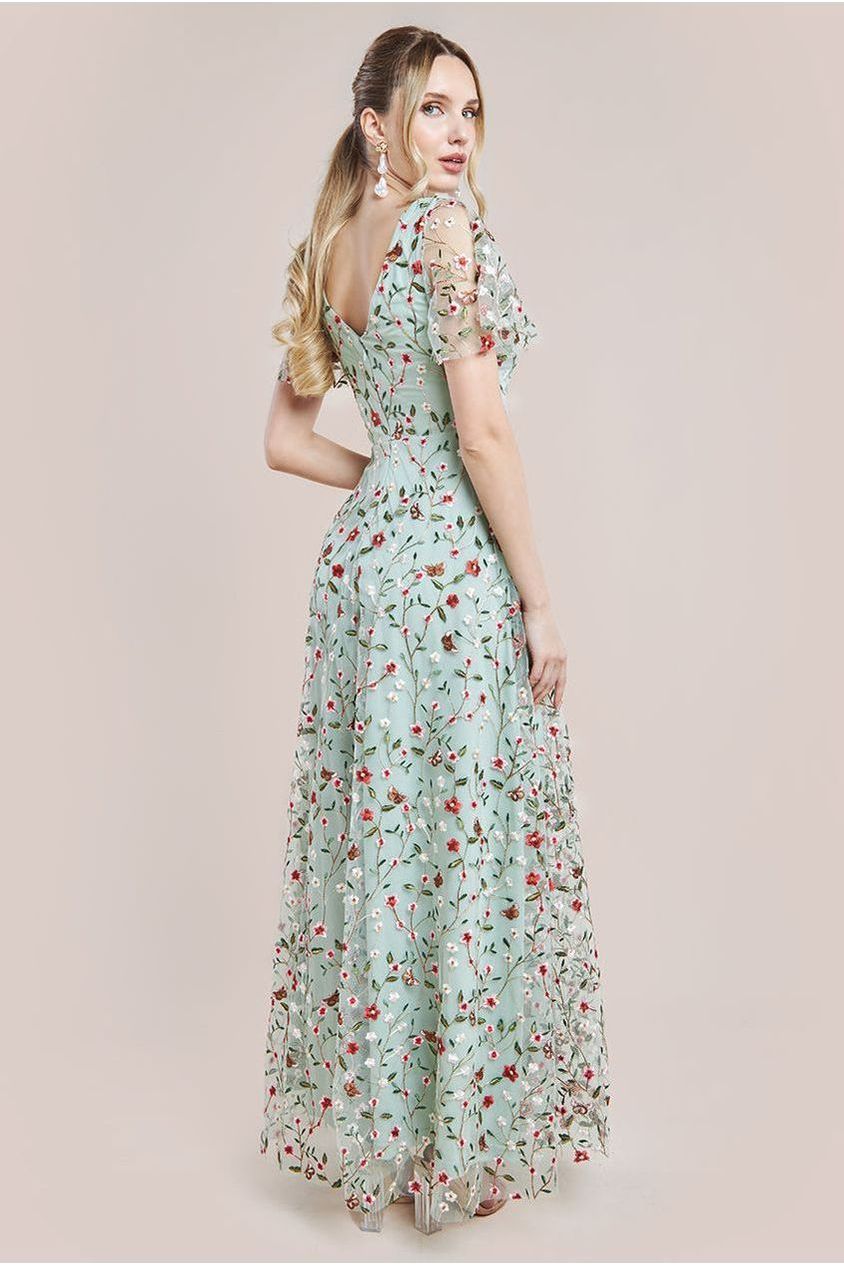 Goddiva Flutter Sleeve Floral Embroidered Maxi - Sage Green