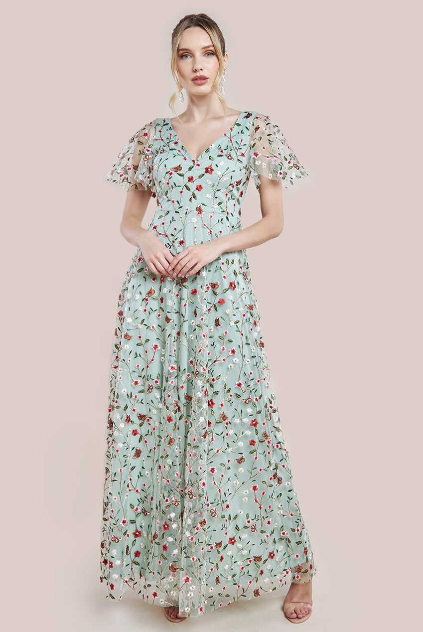 Goddiva Flutter Sleeve Floral Embroidered Maxi - Sage Green