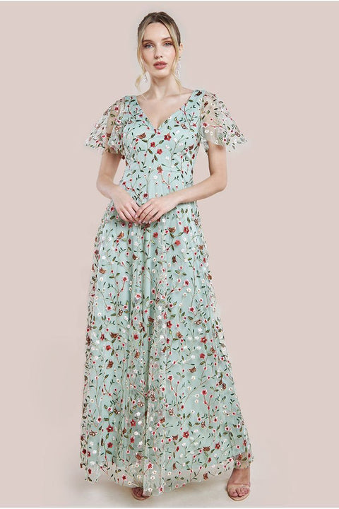 Goddiva Flutter Sleeve Floral Embroidered Maxi - Sage Green