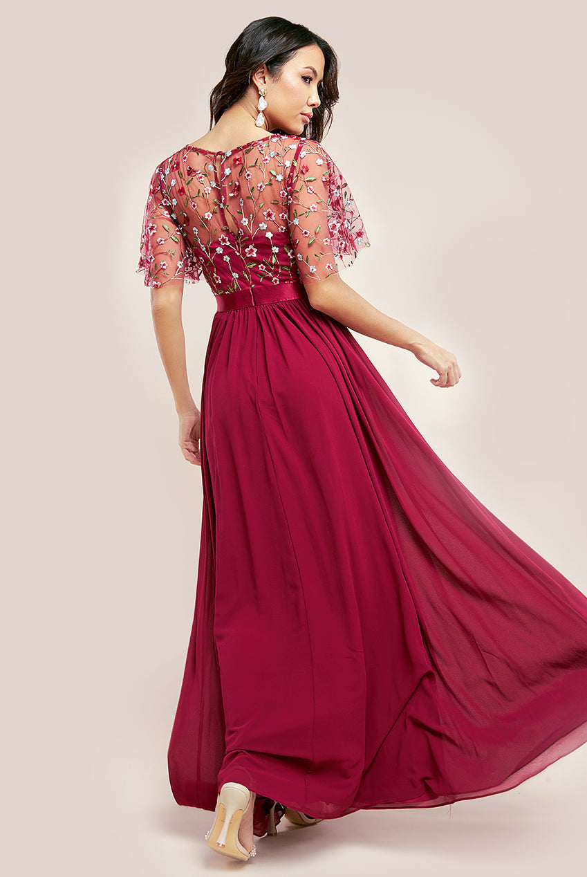 Goddiva Embroidered Top Flutter Sleeve Maxi - Burgundy