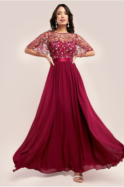 Burgundy - Goddiva Embroidered Top Flutter Sleeve Maxi - Burgundy
