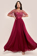 Goddiva Embroidered Top Flutter Sleeve Maxi - Burgundy