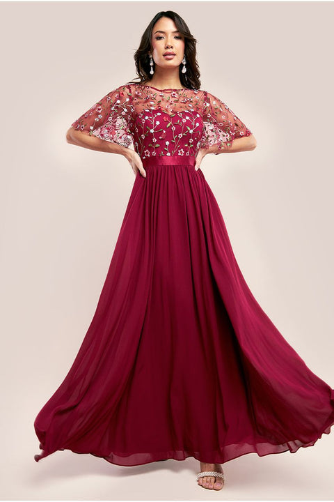 Goddiva Embroidered Top Flutter Sleeve Maxi - Burgundy