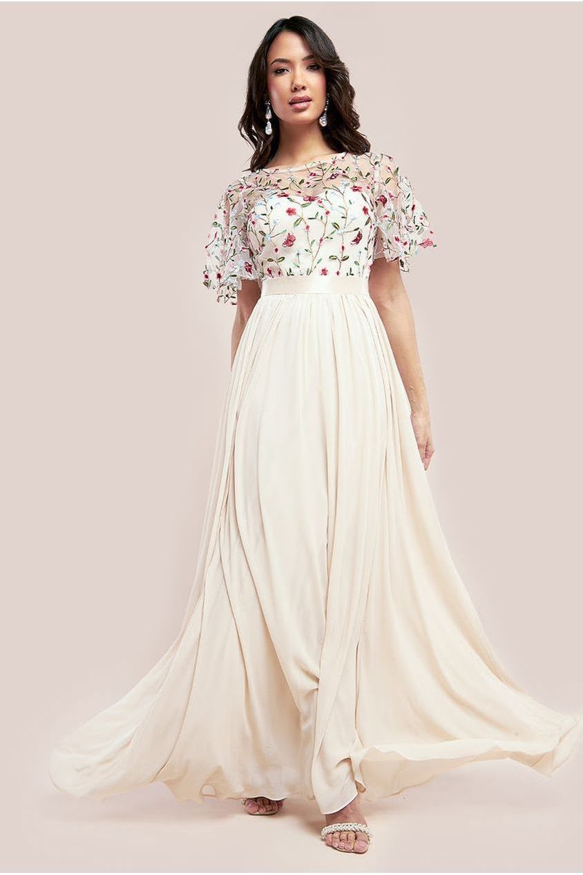 Goddiva Embroidered Top Flutter Sleeve Maxi - Ivory