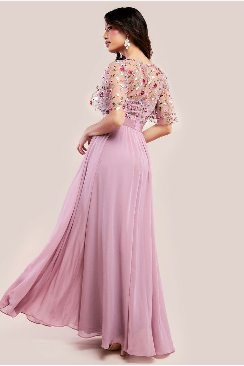 Goddiva Embroidered Top Flutter Sleeve Maxi - Rosepink