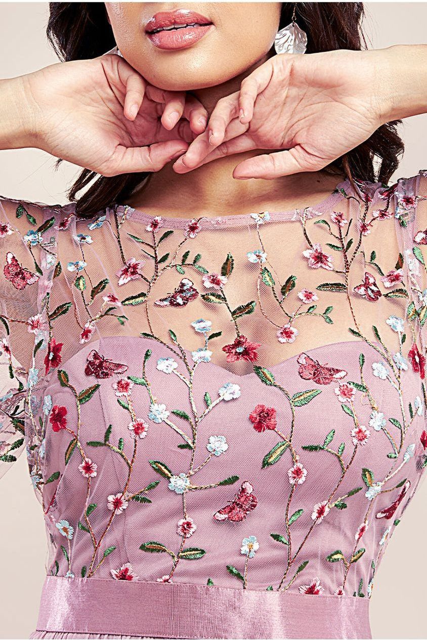 Goddiva Embroidered Top Flutter Sleeve Maxi - Rosepink