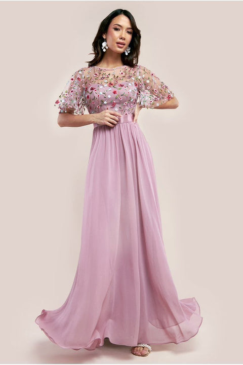 Goddiva Embroidered Top Flutter Sleeve Maxi - Rosepink