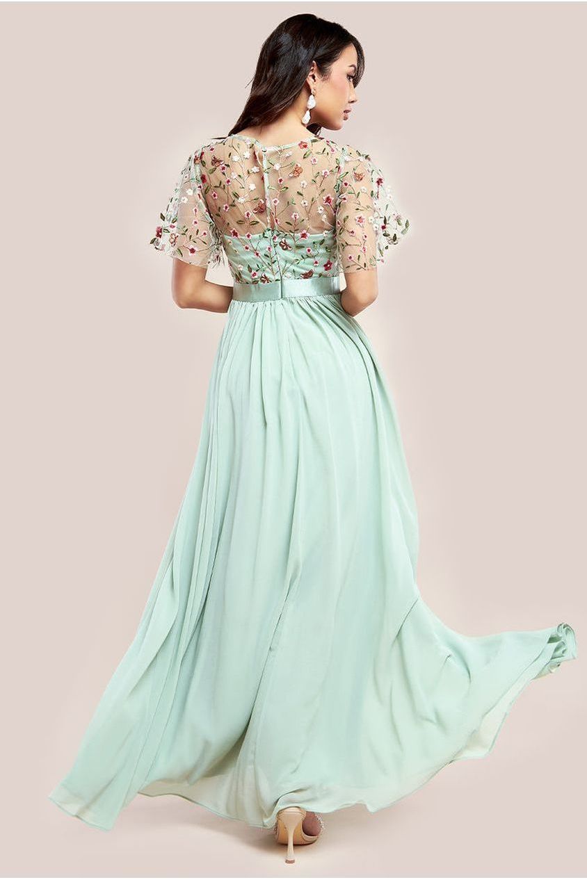 Goddiva Embroidered Top Flutter Sleeve Maxi - Sage Green