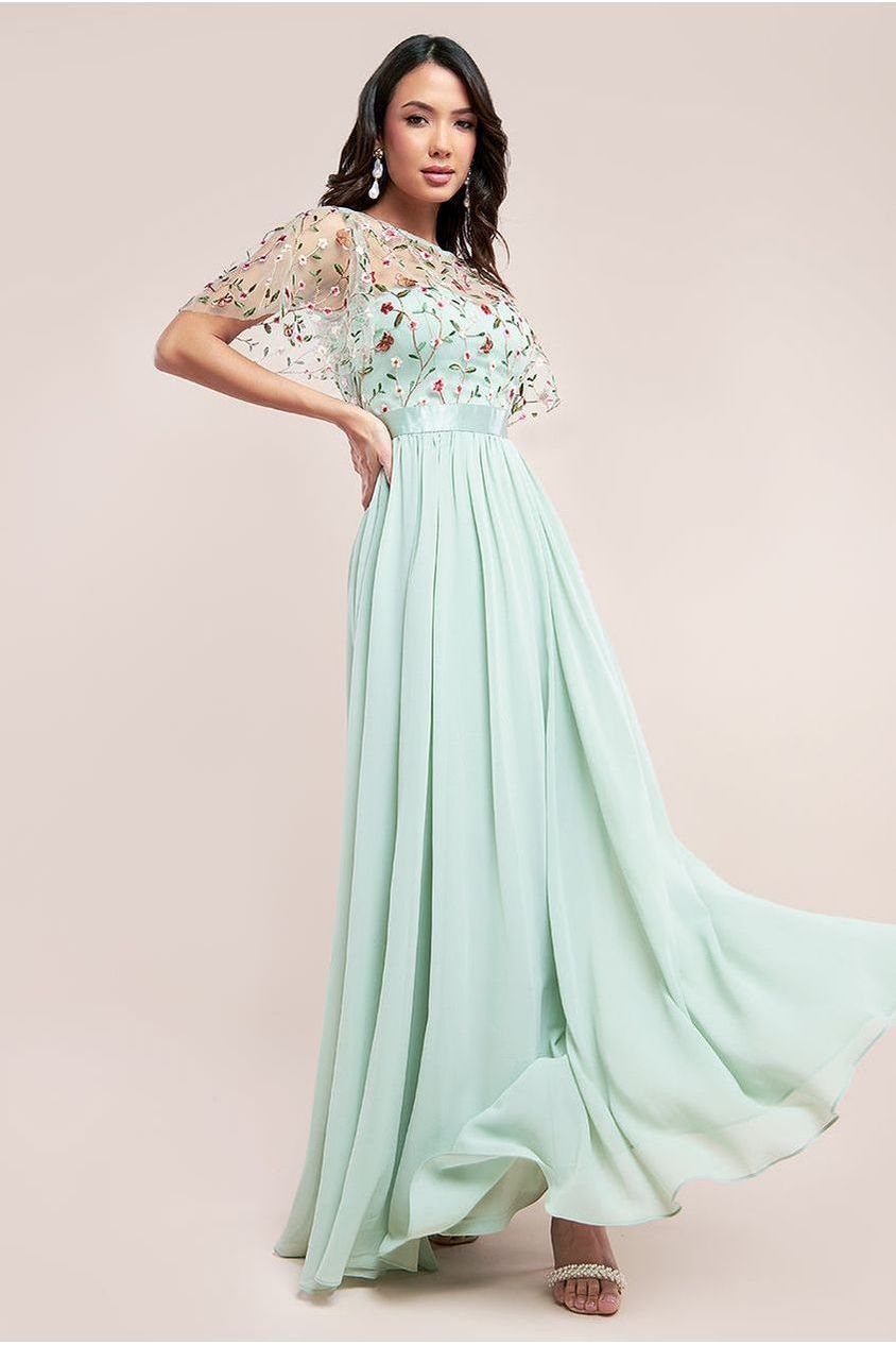 Goddiva Embroidered Top Flutter Sleeve Maxi - Sage Green