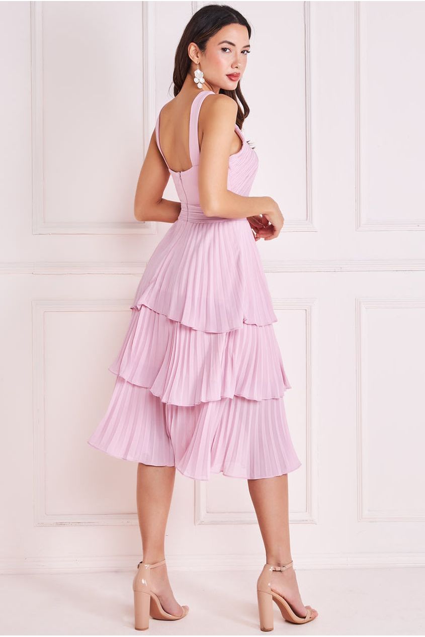 Goddiva Pleated Bodice Chiffon Tiered Midi - Pink