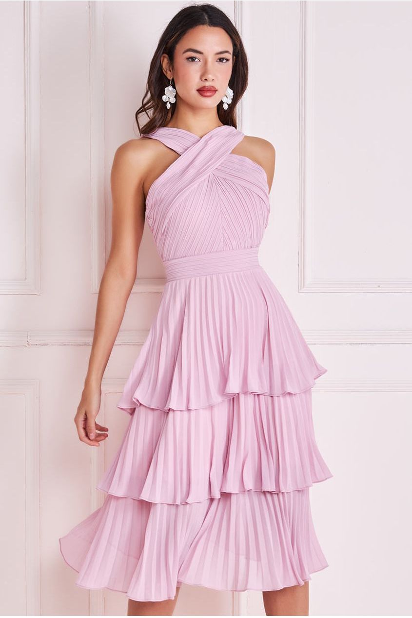 Goddiva Pleated Bodice Chiffon Tiered Midi - Pink