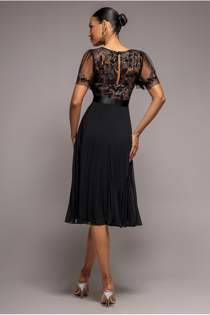 Goddiva Embroidered Top Chiffon Pleated Midi - Black