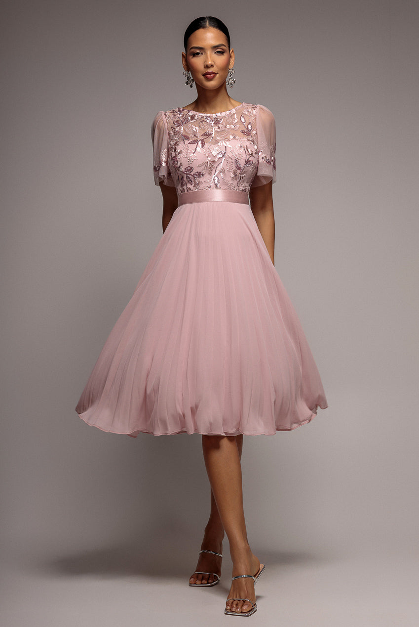 Goddiva Embroidered Top Chiffon Pleated Midi - Blush Pink
