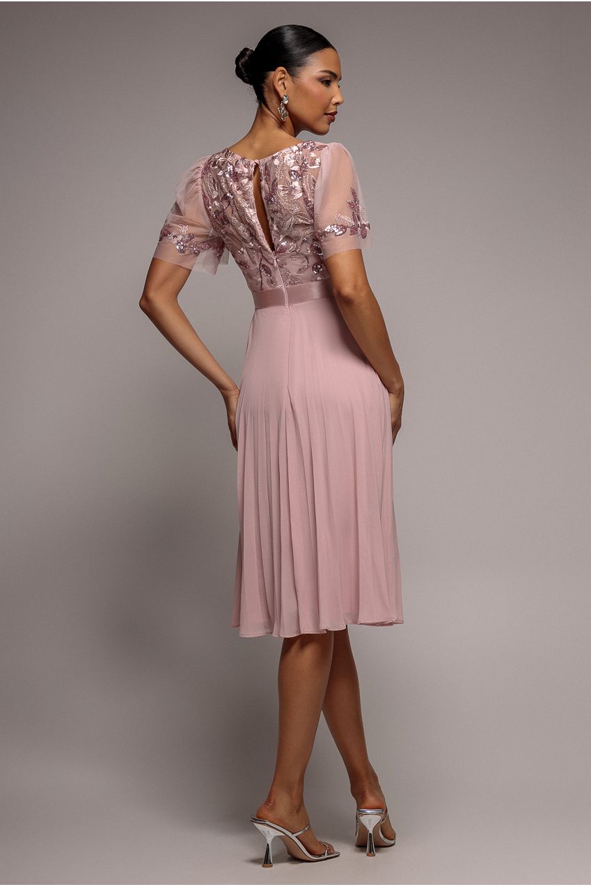 Goddiva Embroidered Top Chiffon Pleated Midi - Blush Pink
