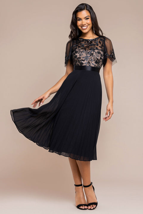 Goddiva Embroidered Top Chiffon Pleated Midi - Black