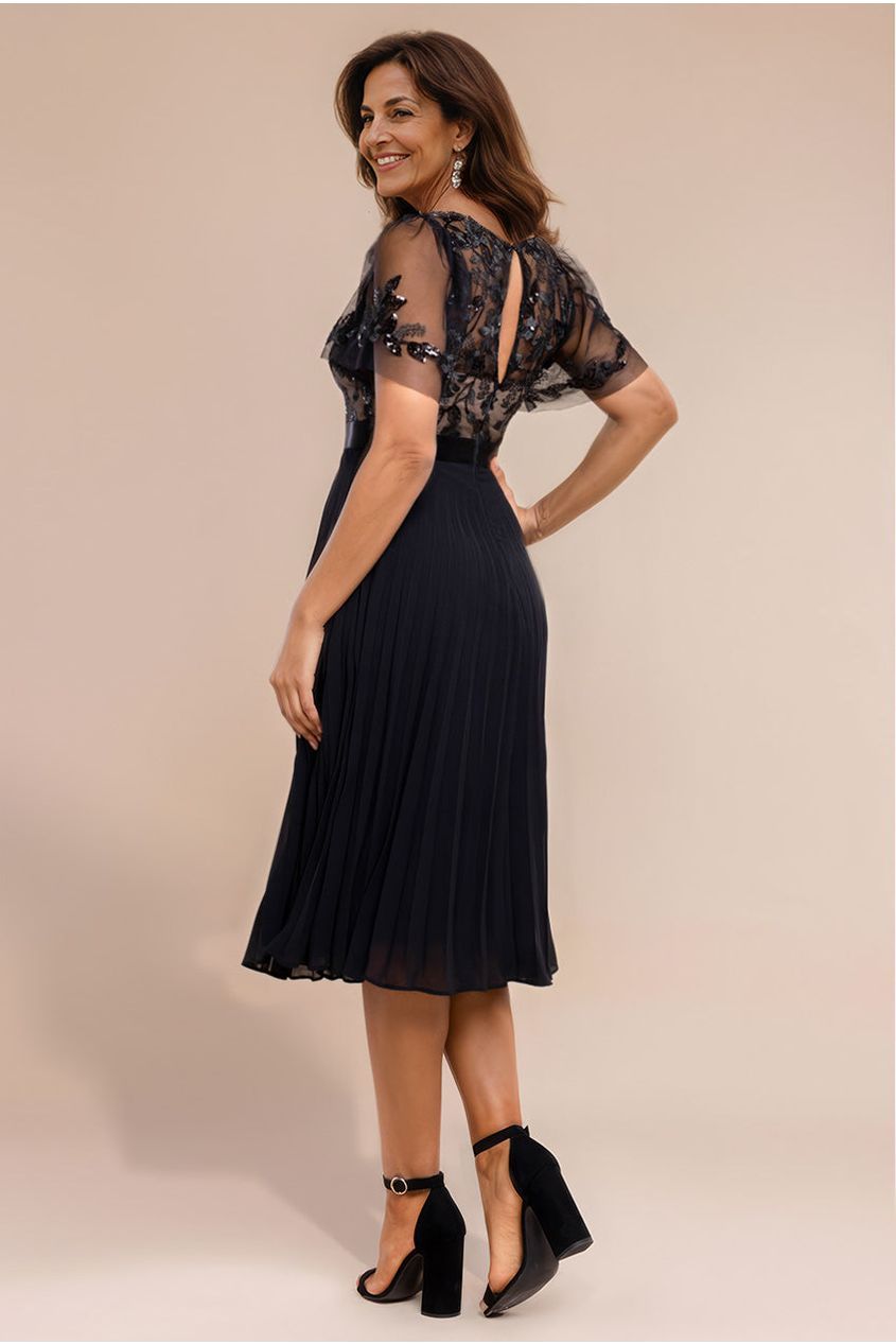 Goddiva Embroidered Top Chiffon Pleated Midi - Black