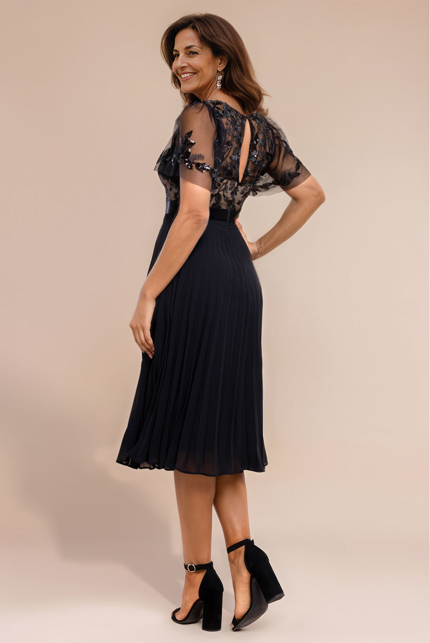 Goddiva Embroidered Top Chiffon Pleated Midi - Black