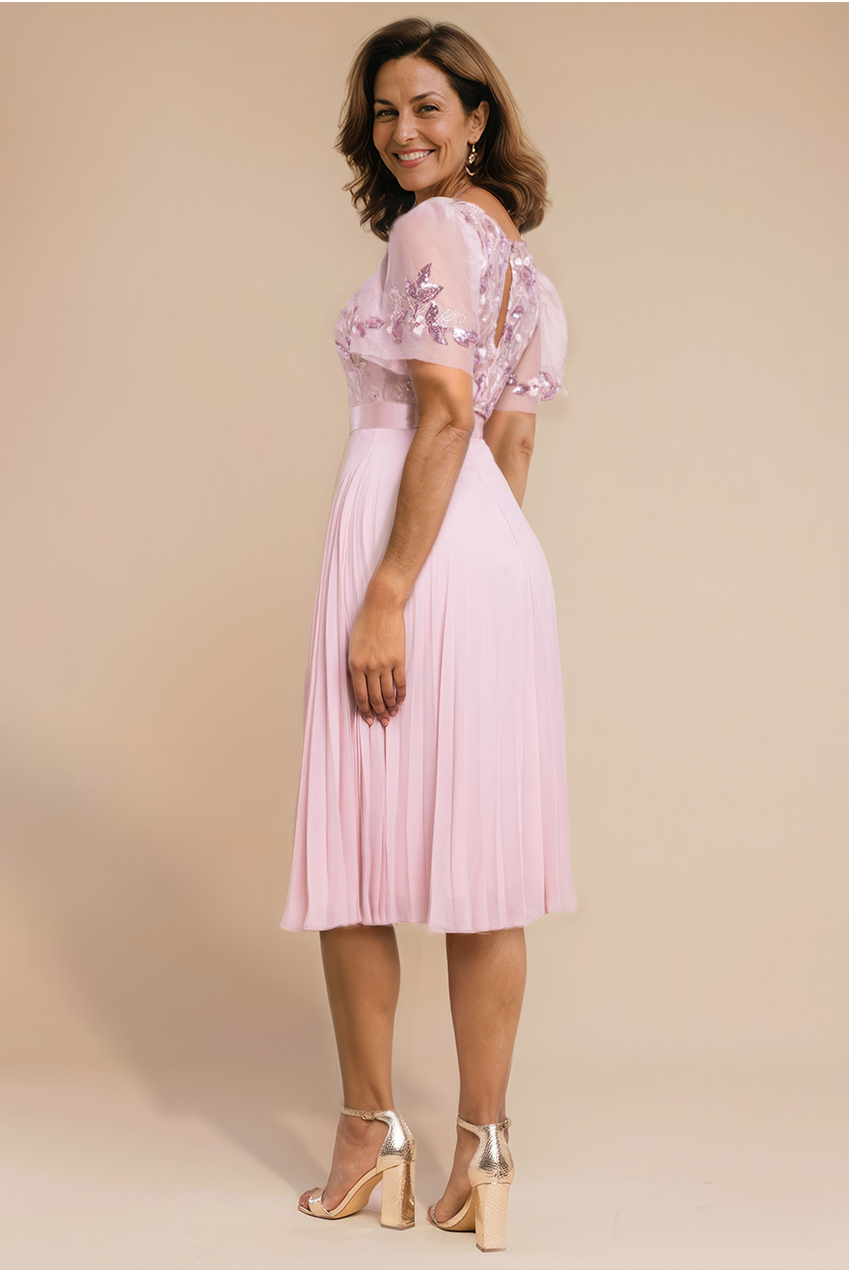 Goddiva Embroidered Top Chiffon Pleated Midi - Blush Pink