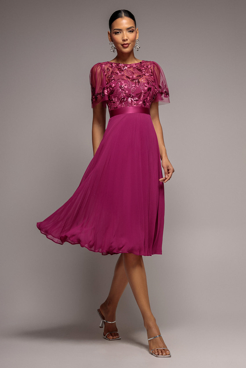 Goddiva Embroidered Top Chiffon Pleated Midi - Magenta