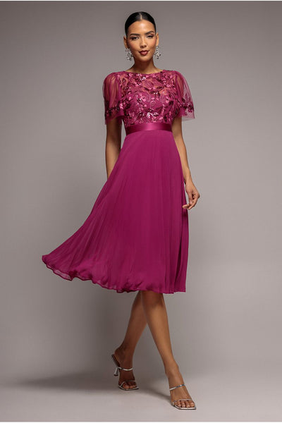 Goddiva Embroidered Top Chiffon Pleated Midi - Magenta