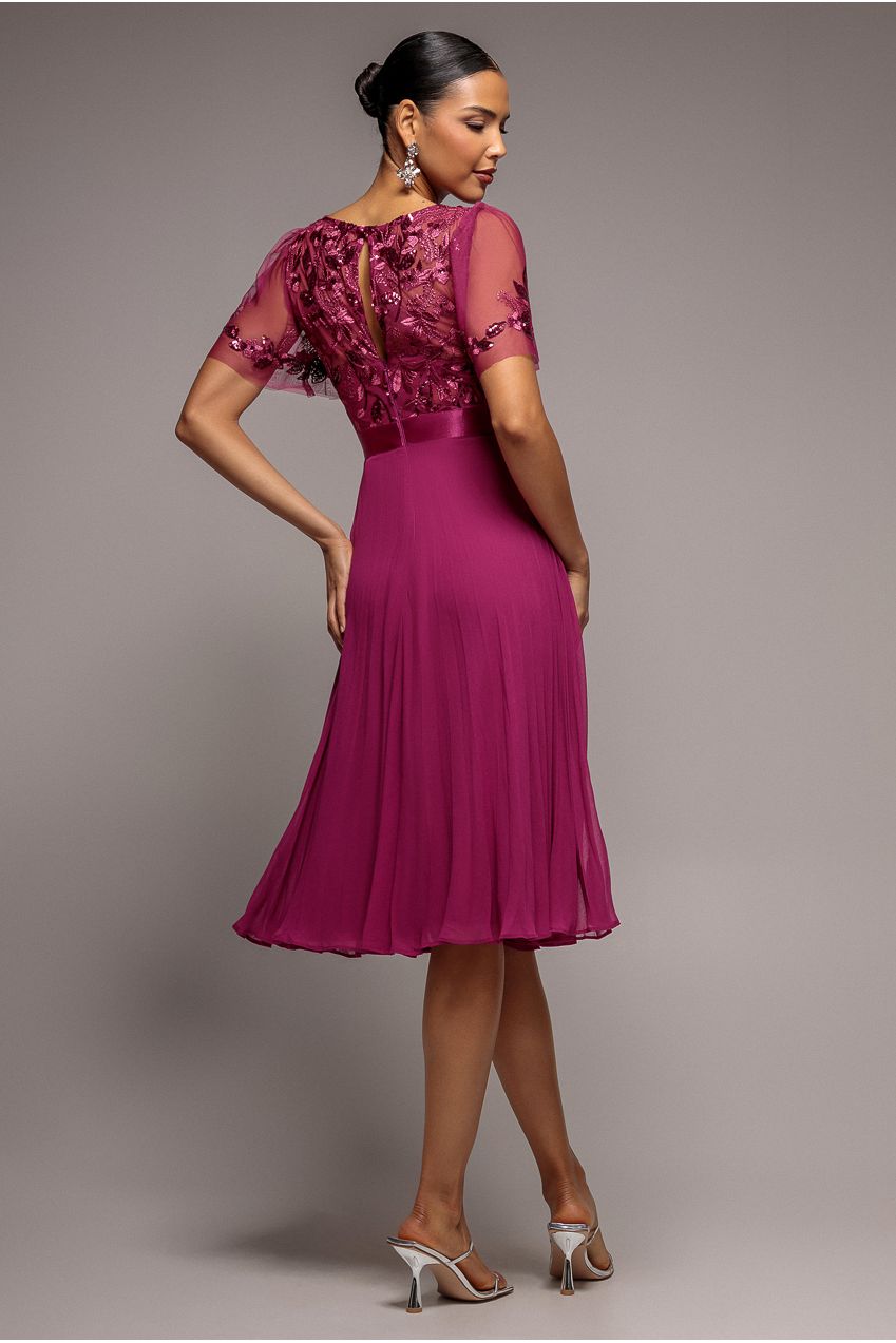 Goddiva Embroidered Top Chiffon Pleated Midi - Magenta