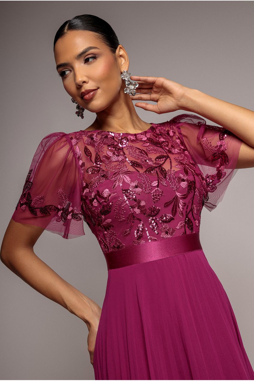 Goddiva Embroidered Top Chiffon Pleated Midi - Magenta