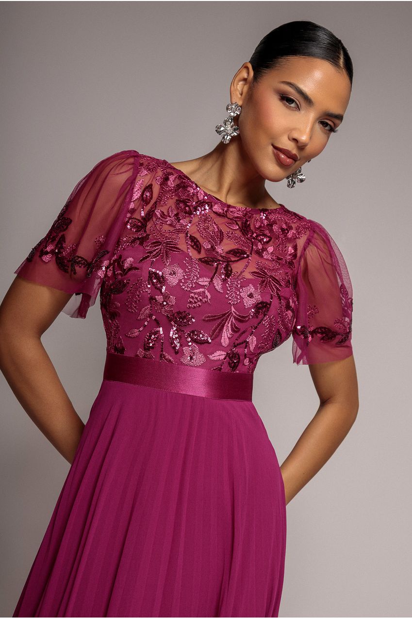 Goddiva Embroidered Top Chiffon Pleated Midi - Magenta