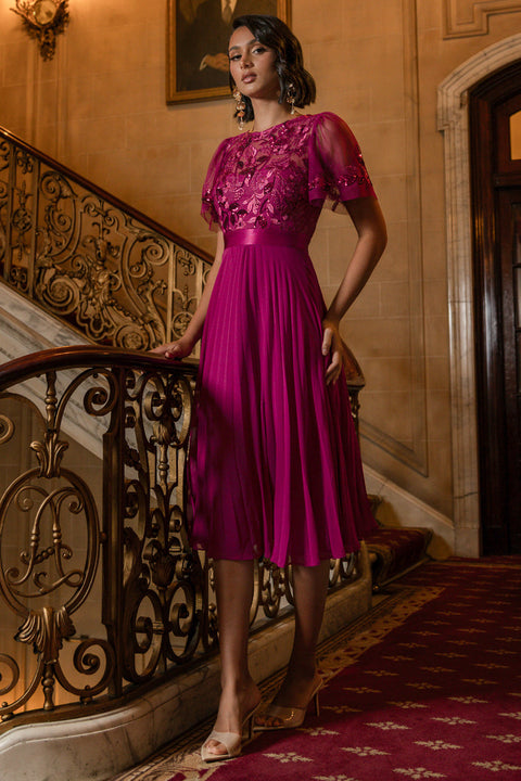 Goddiva Embroidered Top Chiffon Pleated Midi - Magenta