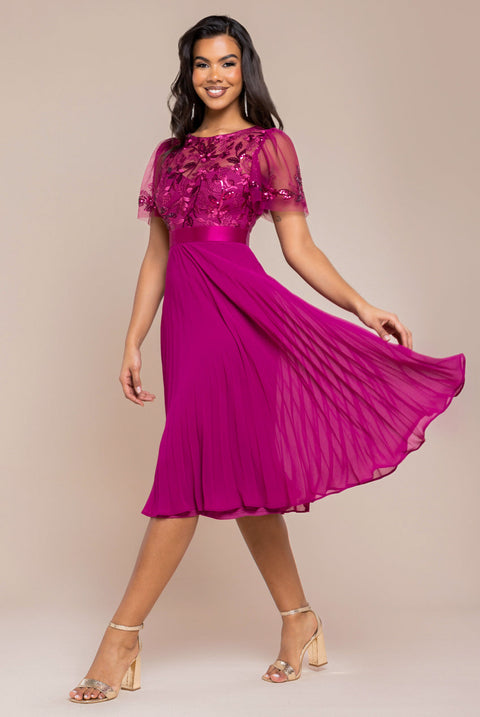 Goddiva Embroidered Top Chiffon Pleated Midi - Magenta