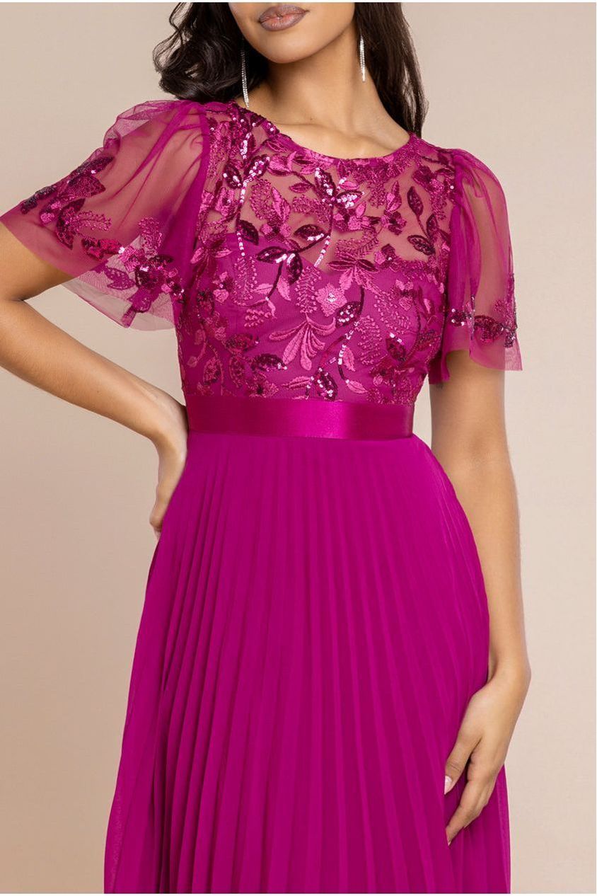 Goddiva Embroidered Top Chiffon Pleated Midi - Magenta