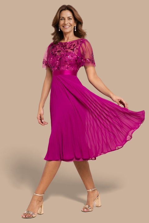 Goddiva Embroidered Top Chiffon Pleated Midi - Magenta