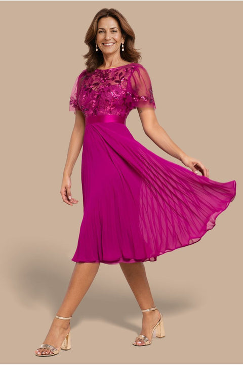 Goddiva Embroidered Top Chiffon Pleated Midi - Magenta