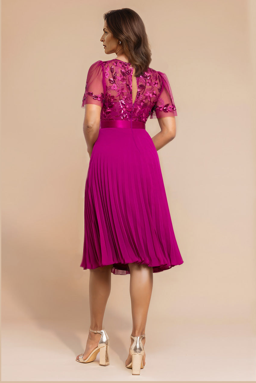 Goddiva Embroidered Top Chiffon Pleated Midi - Magenta