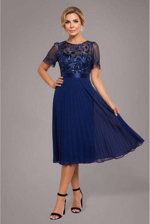 Goddiva Embroidered Top Chiffon Pleated Midi - Navy Blue