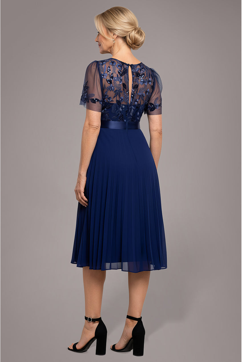 Goddiva Embroidered Top Chiffon Pleated Midi - Navy Blue