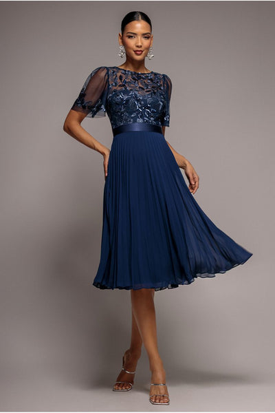 Goddiva Embroidered Top Chiffon Pleated Midi - Navy Blue
