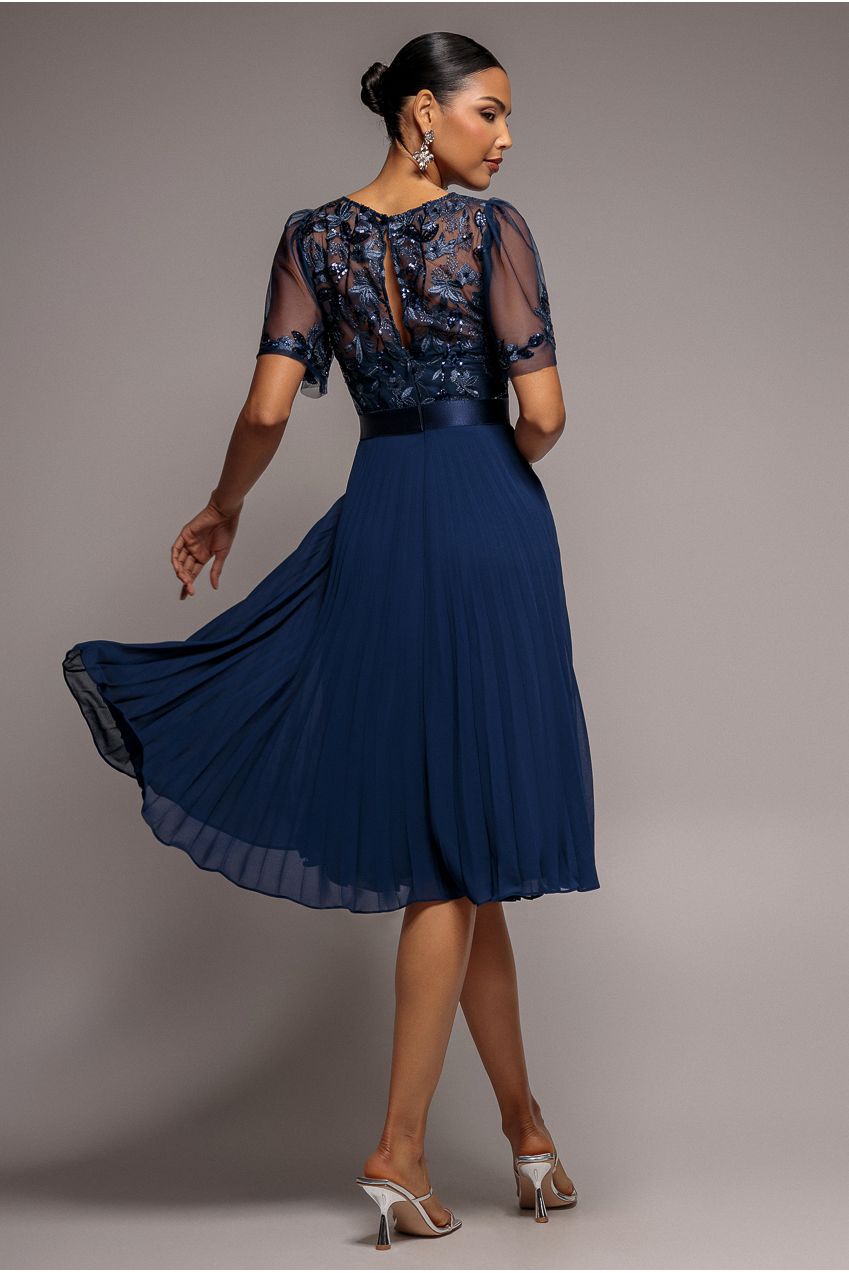 Goddiva Embroidered Top Chiffon Pleated Midi - Navy Blue