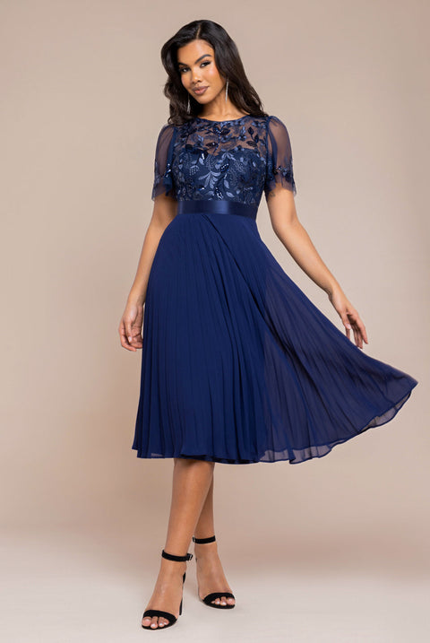 Goddiva Embroidered Top Chiffon Pleated Midi - Navy Blue