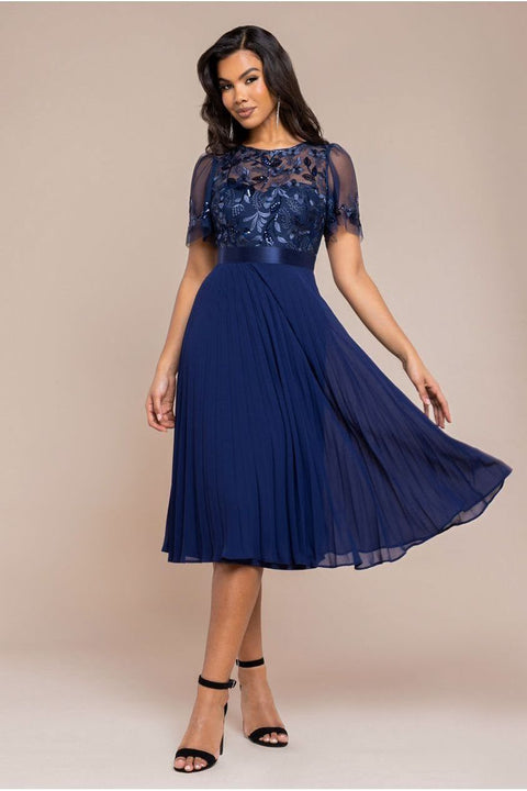 Goddiva Embroidered Top Chiffon Pleated Midi - Navy Blue