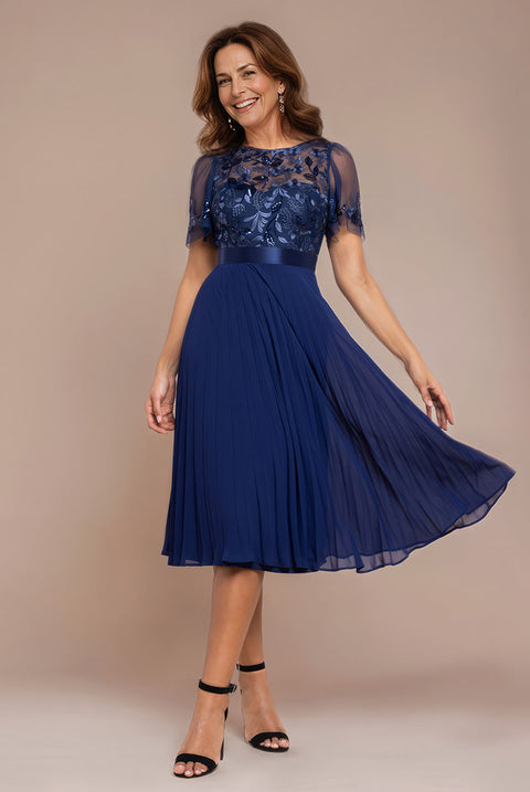 Goddiva Embroidered Top Chiffon Pleated Midi - Navy Blue