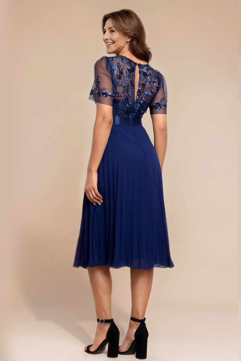 Goddiva Embroidered Top Chiffon Pleated Midi - Navy Blue