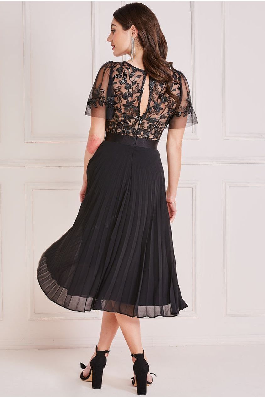 Goddiva Embroidered Top Chiffon Pleated Midi - Black