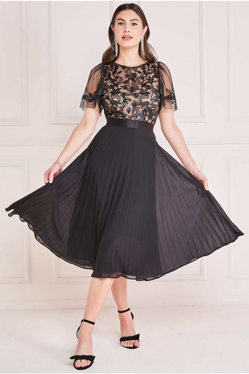 Goddiva Embroidered Top Chiffon Pleated Midi - Black