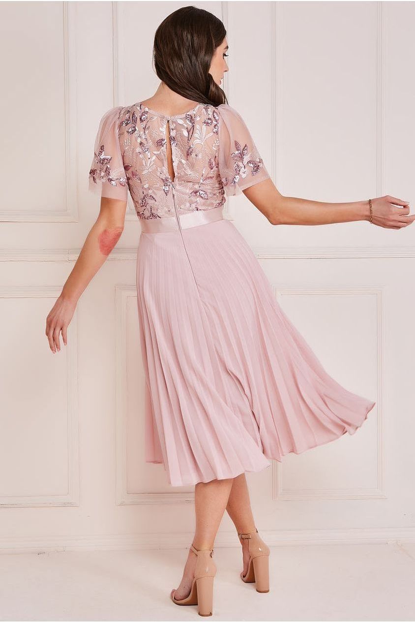 Goddiva Embroidered Top Chiffon Pleated Midi - Blush